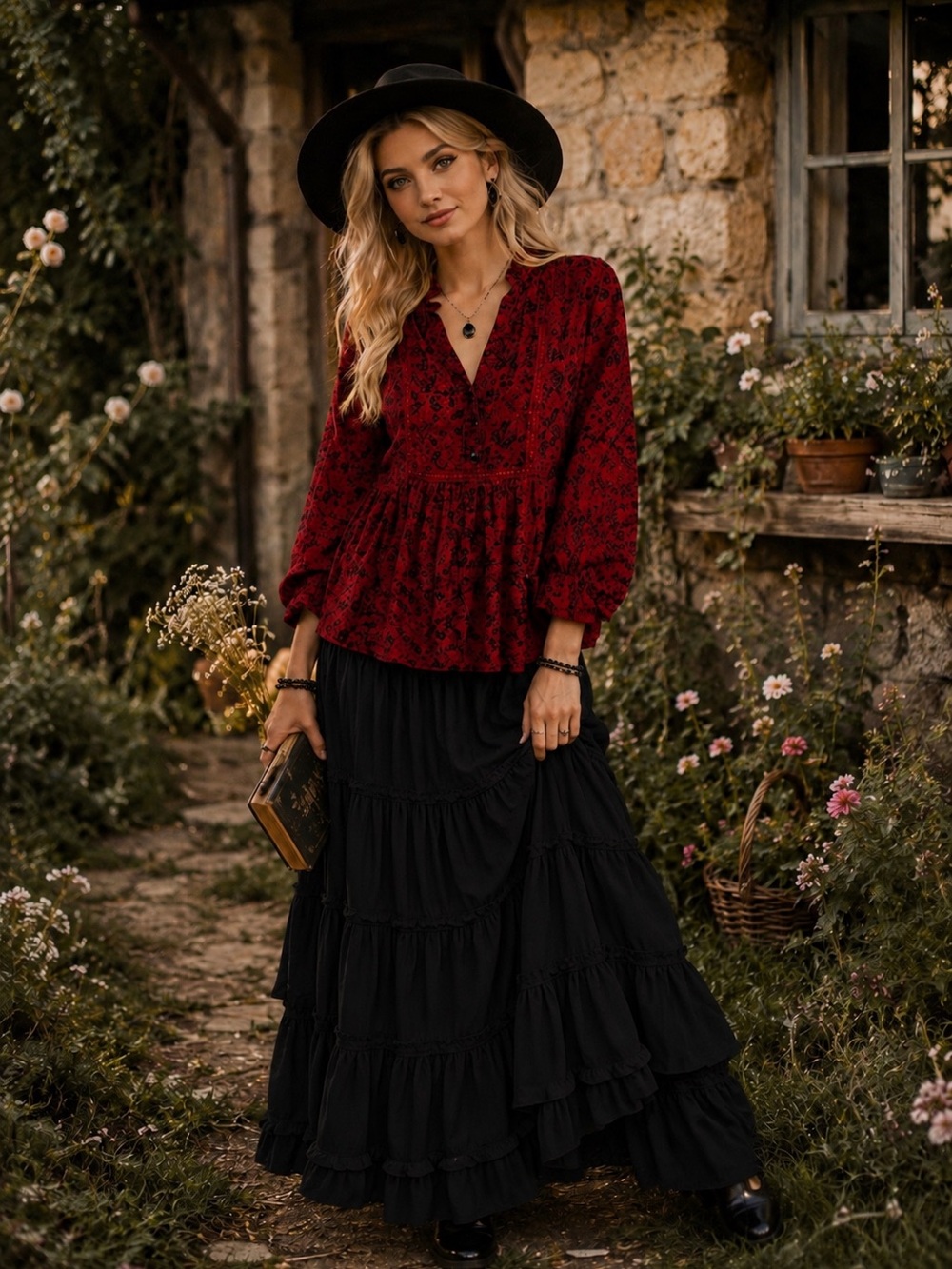 LOFT XL Red Floral Ruffle V-Neck Peasant Blouse